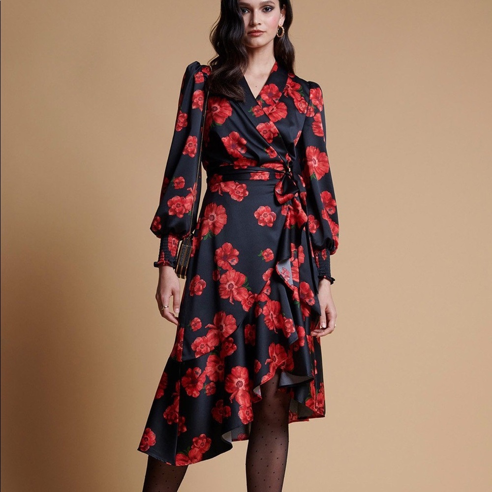 Rachel Parcell Wrap Satin Dress - Black with Red Poppies